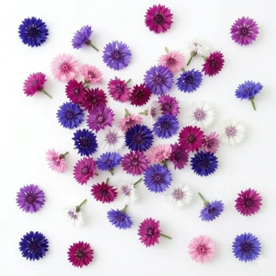 AI-generated image of Cornflower 'Double Mixed' edible flowers, illustrating their decorative potential and visual appeal in modern culinary presentation.