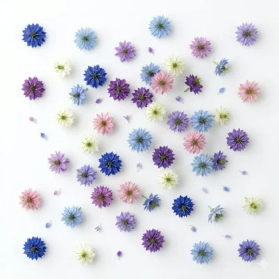 AI-generated image of Nigella Damascena edible flowers, illustrating their decorative potential and visual appeal in modern culinary presentation.